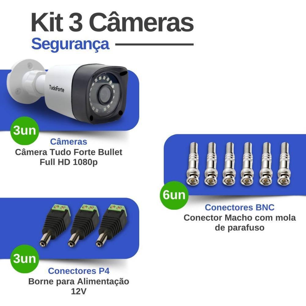 Imagem 4 de 5 do produto Kit 3 Câmeras Bullet, FULL HD, 1080p, Lente 2.8mm, Visão Noturna 20m, Ip66 + Conectores