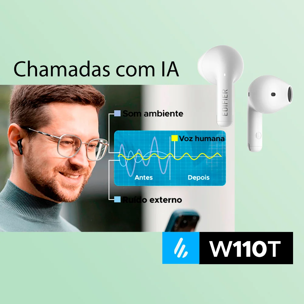 Imagem 2 de 5 do produto Fone TWS Bluetooth 5.3, Bateria 26 horas, proteção IP54, W110T EDIFIER - Branco