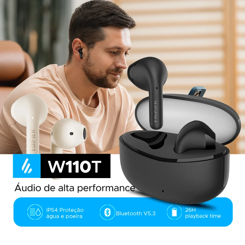 Imagem 4 de 5 do produto Fone TWS Bluetooth 5.3, Bateria 26 horas, proteção IP54, W110T EDIFIER - Branco