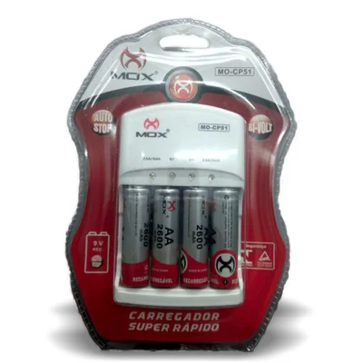 Carregador Com 4 Pilha Recarregável 2600mah Aa Mox