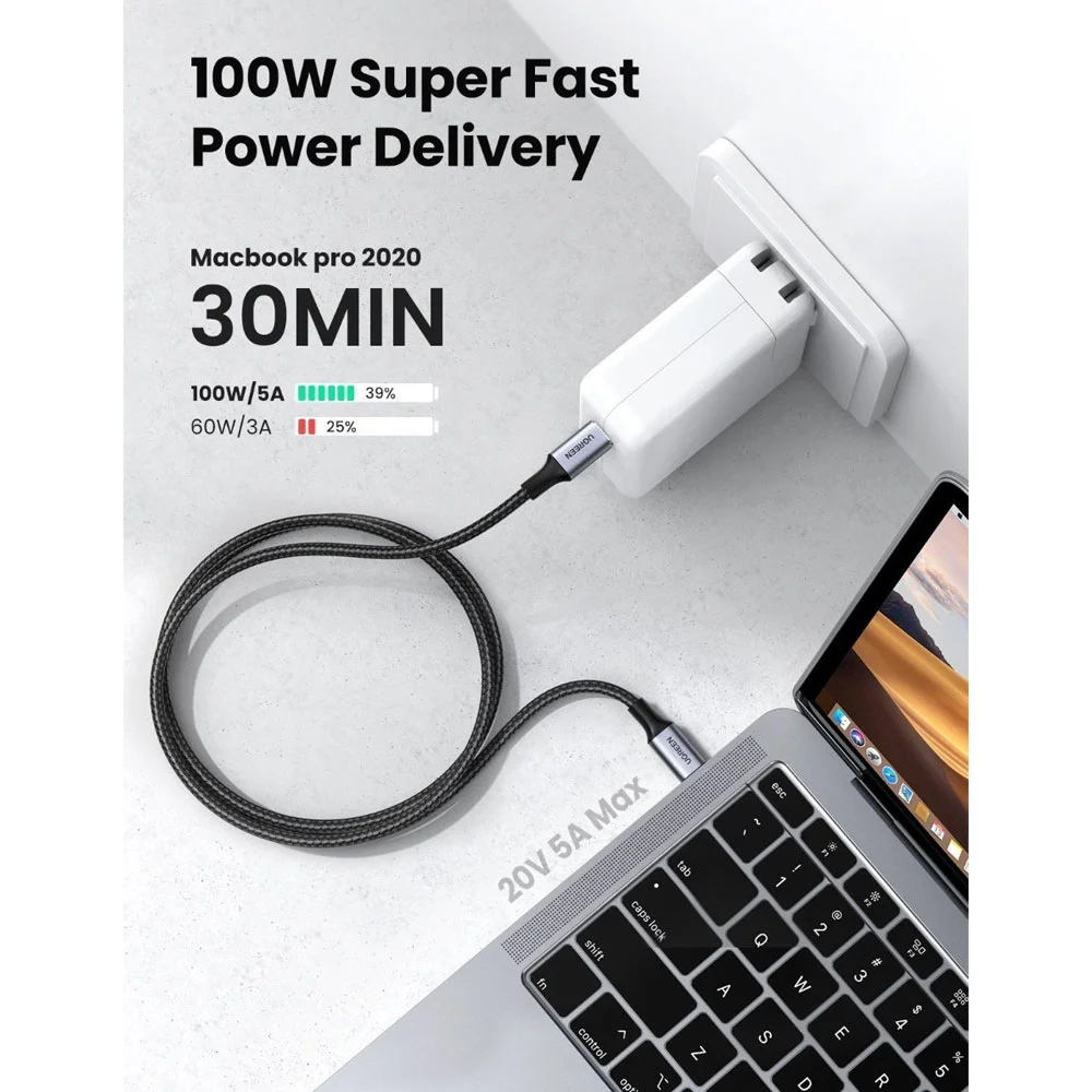 Imagem 4 de 5 do produto Cabo Usb C 2.0 Ugreen Macho/macho 100w 5a 3 Metros Preto