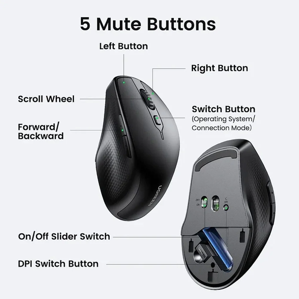 Imagem 3 de 5 do produto Mouse Bluetooth Sem Fio Ugreen Sensor 4000dpi 2,4g Preto