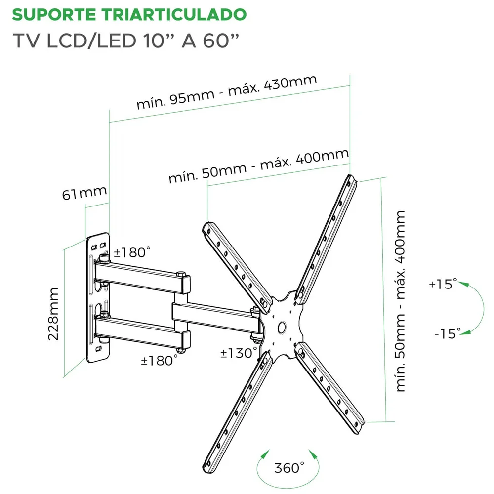 Imagem 2 de 3 do produto Suporte Para Tv Tri Articulado De 10 Até 60"