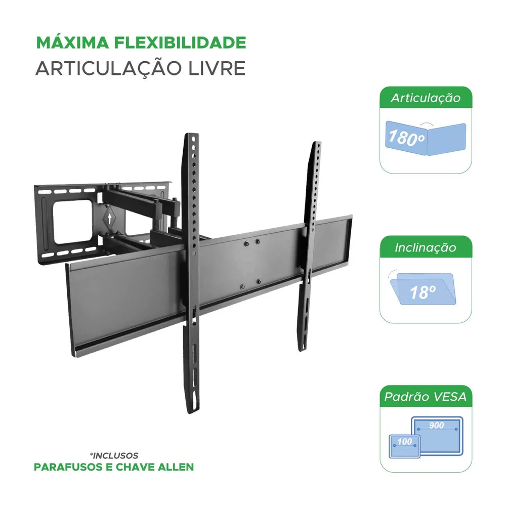 Imagem 2 de 5 do produto Suporte Triarticulado Reforçado P/ Tv De 42" A 100" - Preto