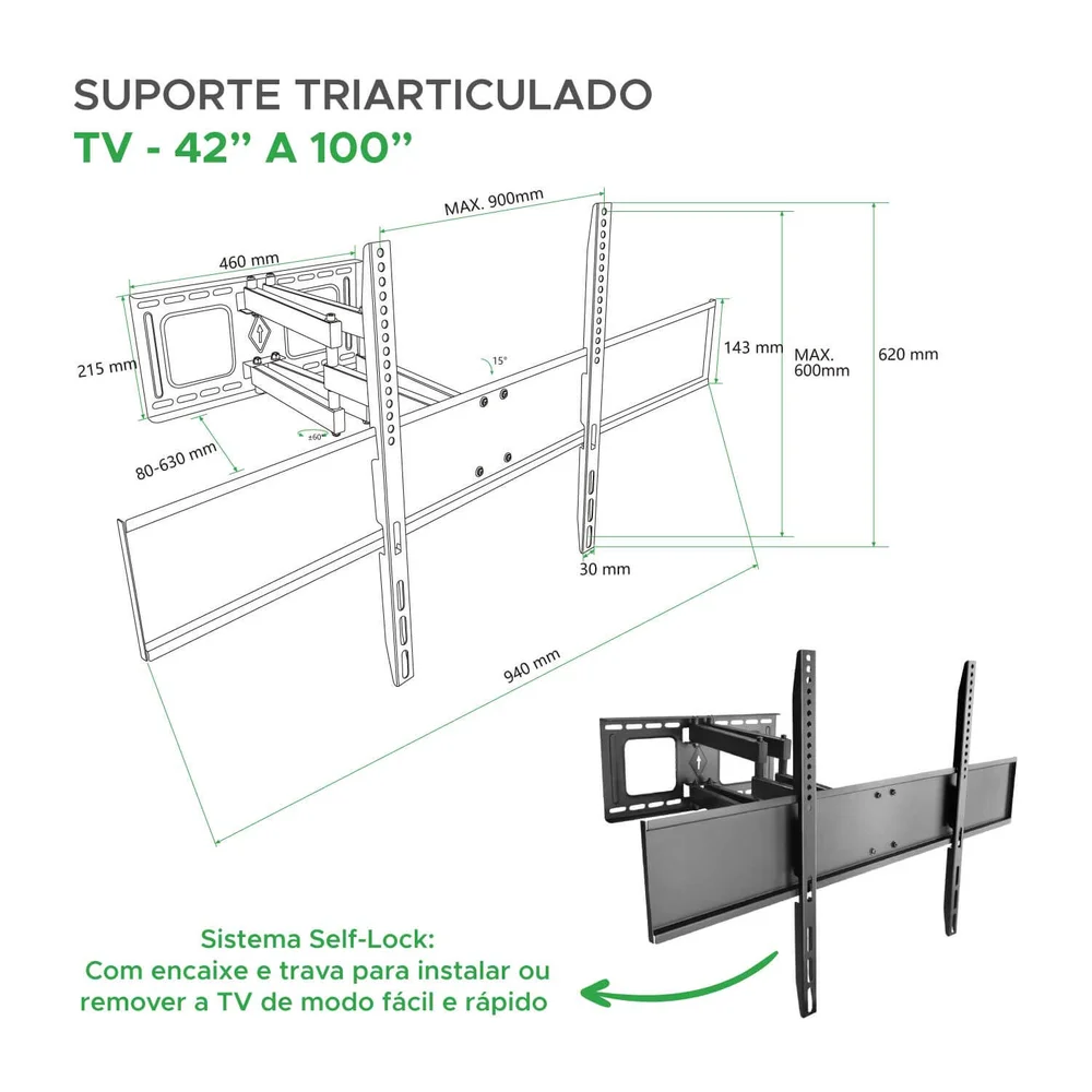 Imagem 3 de 5 do produto Suporte Triarticulado Reforçado P/ Tv De 42" A 100" - Preto