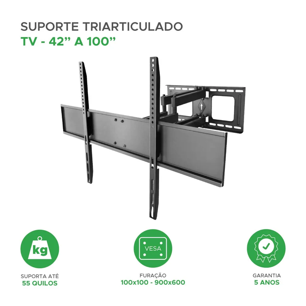 Imagem 4 de 5 do produto Suporte Triarticulado Reforçado P/ Tv De 42" A 100" - Preto