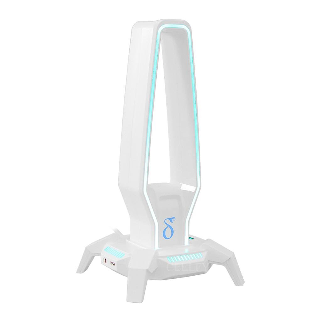 Suporte Fone De Ouvido Gamer Headset, RGB, C/ Hub, USB 3.0, Branco