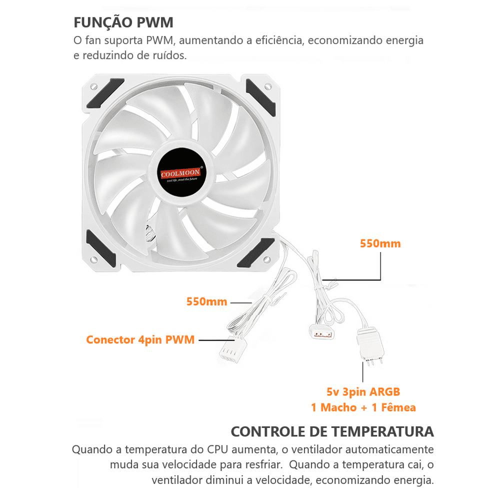 Cooler Fan Coolmoon, 120mm, Branco, ARGB 5v, Pwm 4 Pinos, 1800 RPM, CM-NORTHWIND 6