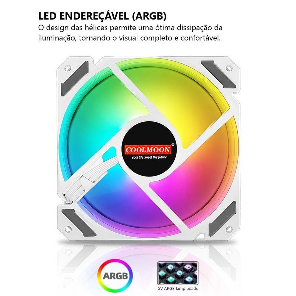 Cooler Fan Coolmoon, 120mm, Branco, ARGB 5v, Pwm 4 Pinos, 1800 RPM, CM-NORTHWIND 8