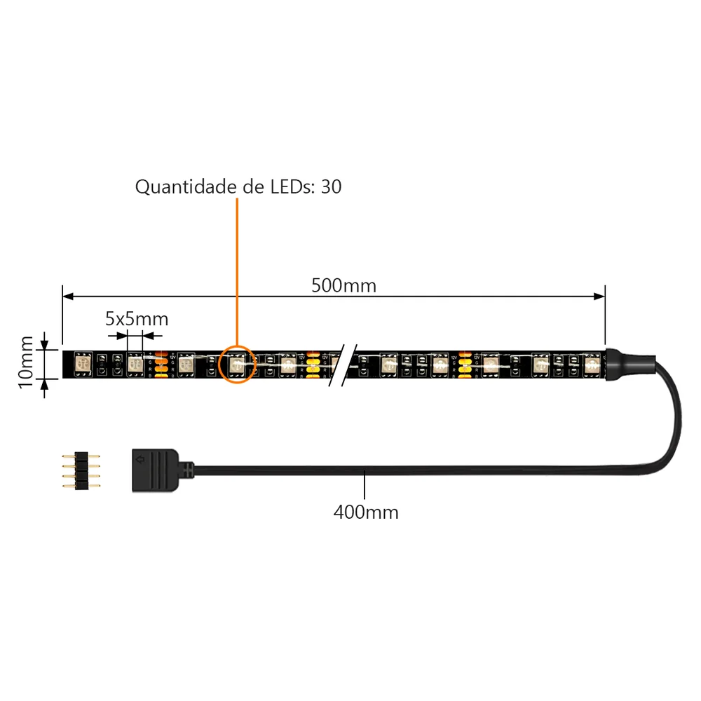 Imagem 2 de 5 do produto Fita de Led RGB, Para Gabinete, 12v 4 Pinos, 30 Leds, Resistente à água IP65, 500mm, Comprimento ajustável