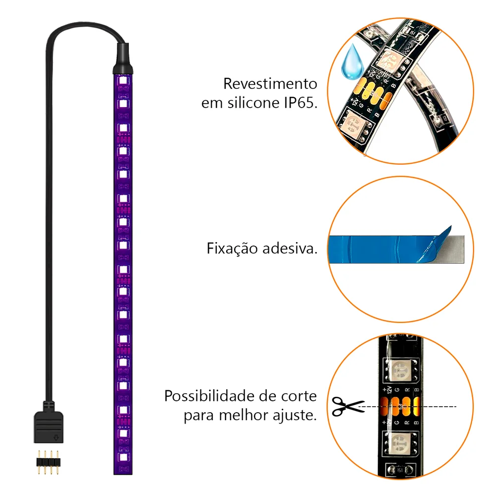 Imagem 3 de 5 do produto Fita de Led RGB, Para Gabinete, 12v 4 Pinos, 30 Leds, Resistente à água IP65, 500mm, Comprimento ajustável