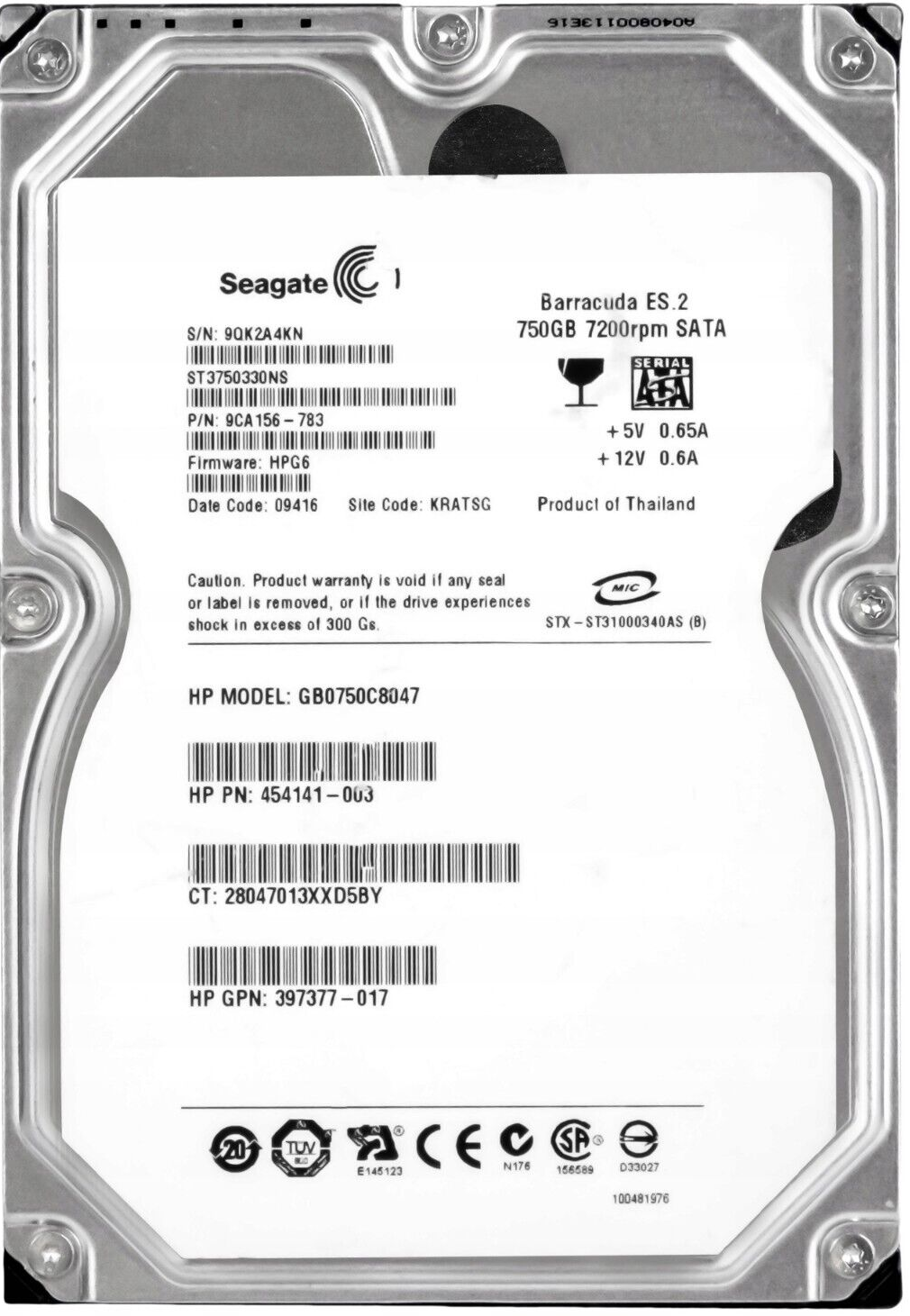 Hd Sata Hp 750gb 7.2k 3.5 Gb0750c8047 454141-003 397377-017 0 Horas