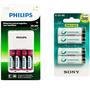 Carregador Philips 4 Pilha Aa 2450mah + 4 Pilhas Recarregável Duracell Aa 2500mah