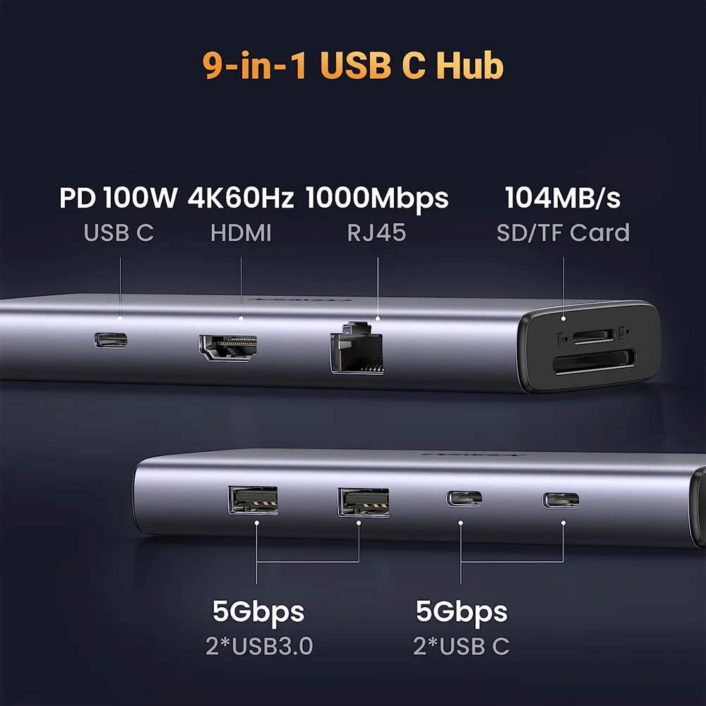 Imagem 2 de 5 do produto Hub Adaptador Ugreen 9 Em 1 P/usb-c 4k-60hz + Porta Dp Cinza