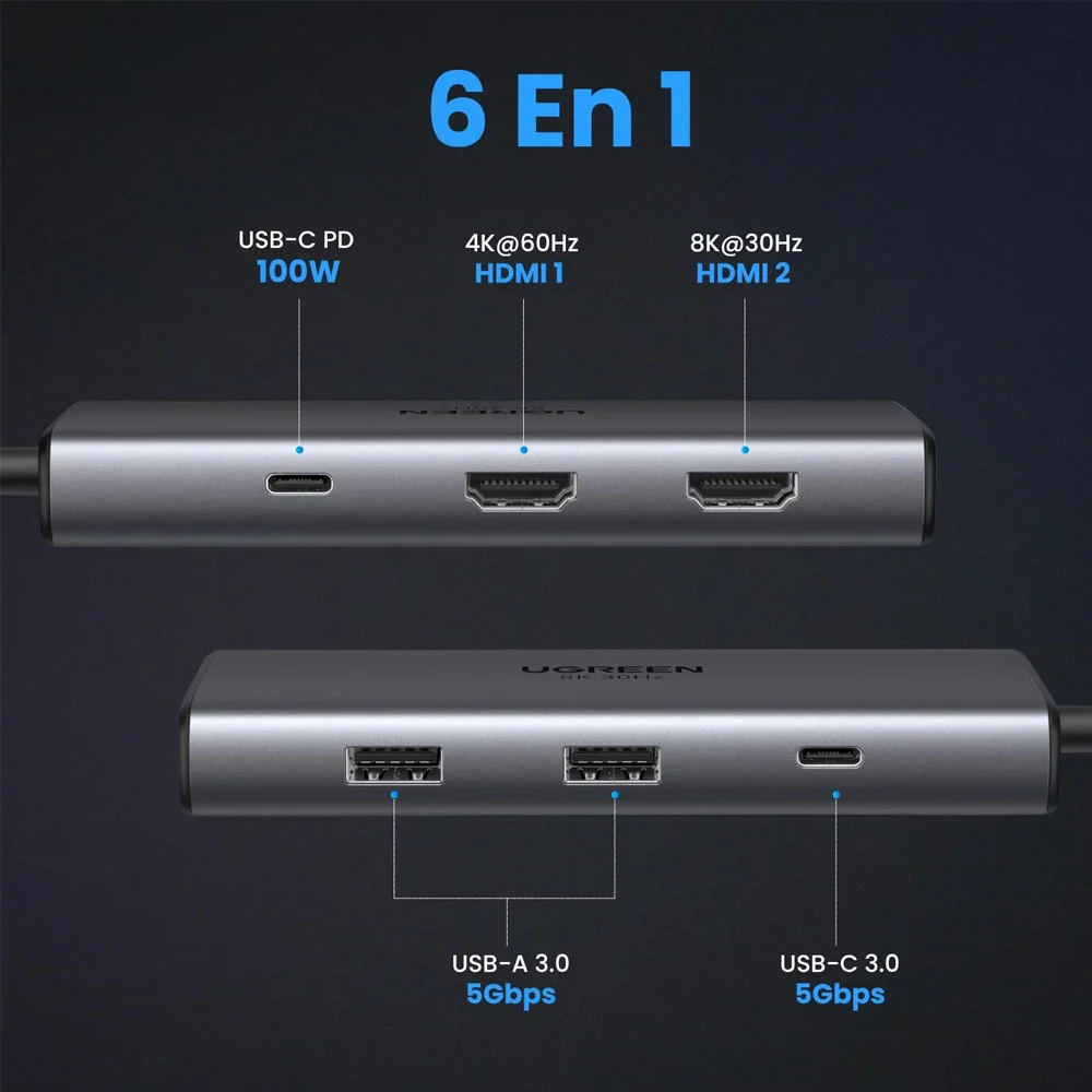 Imagem 3 de 5 do produto Hub Adaptador Ugreen  6 Em 1 P/ Usb C + Pd 8k-30hz Cinza