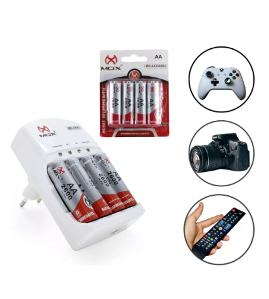 Carregador Mox Com 4 Pilhas Recarregáveis Aa 2600 Mah