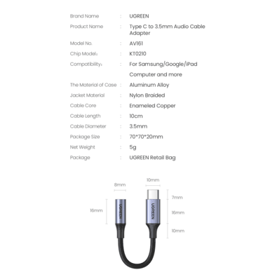 Cabo Usb Ugreen Tipo C Para 3.5mm Da Chip Adaptador De Fone De Ouvido Cinza