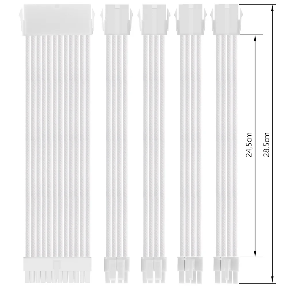 Imagem 2 de 5 do produto Kit 5 Cabo Sleeved Extensor de Fonte, 300mm, Full White (Branco), Compatível com ATX 1 x 24 Pinos, CPU 2 x 4+4 Pinos, GPU 2 x 6+2 Pinos