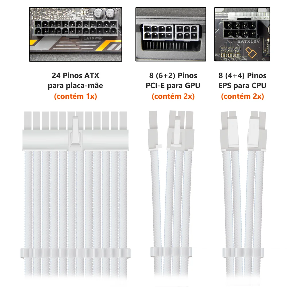 Imagem 3 de 5 do produto Kit 5 Cabo Sleeved Extensor de Fonte, 300mm, Full White (Branco), Compatível com ATX 1 x 24 Pinos, CPU 2 x 4+4 Pinos, GPU 2 x 6+2 Pinos