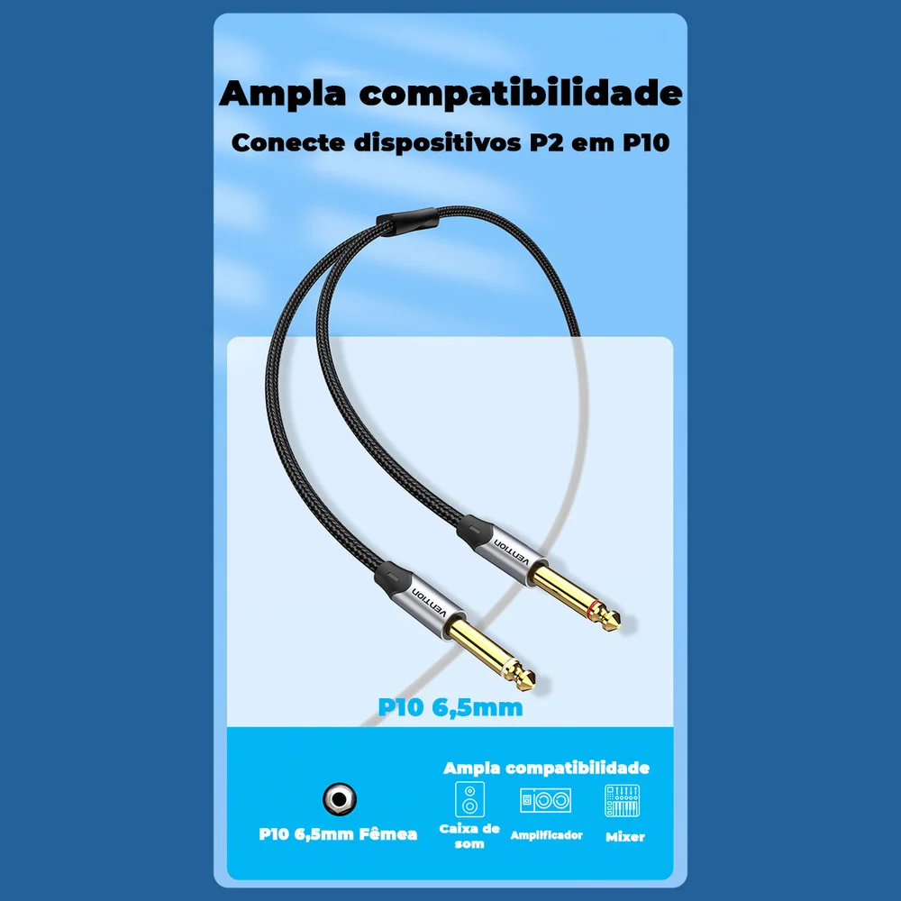Imagem 4 de 5 do produto Cabo Audio Profissional P2 Estereo X P10 Mono 50cm Vention