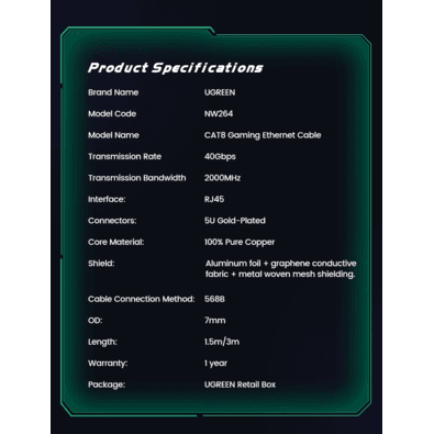 Cabo De Ethernet Ugreen 40gbps 2000mhz Cat 8 Cat8 40 Gbps 3m