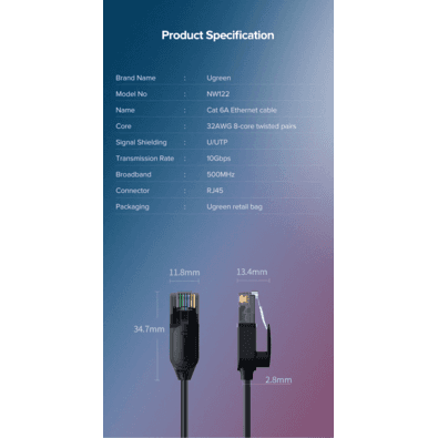 Cabo Ethernet Ugreen 6 A 10gbps Cabo De Rede 4 Trançado Cat 6a 10gbps 2m