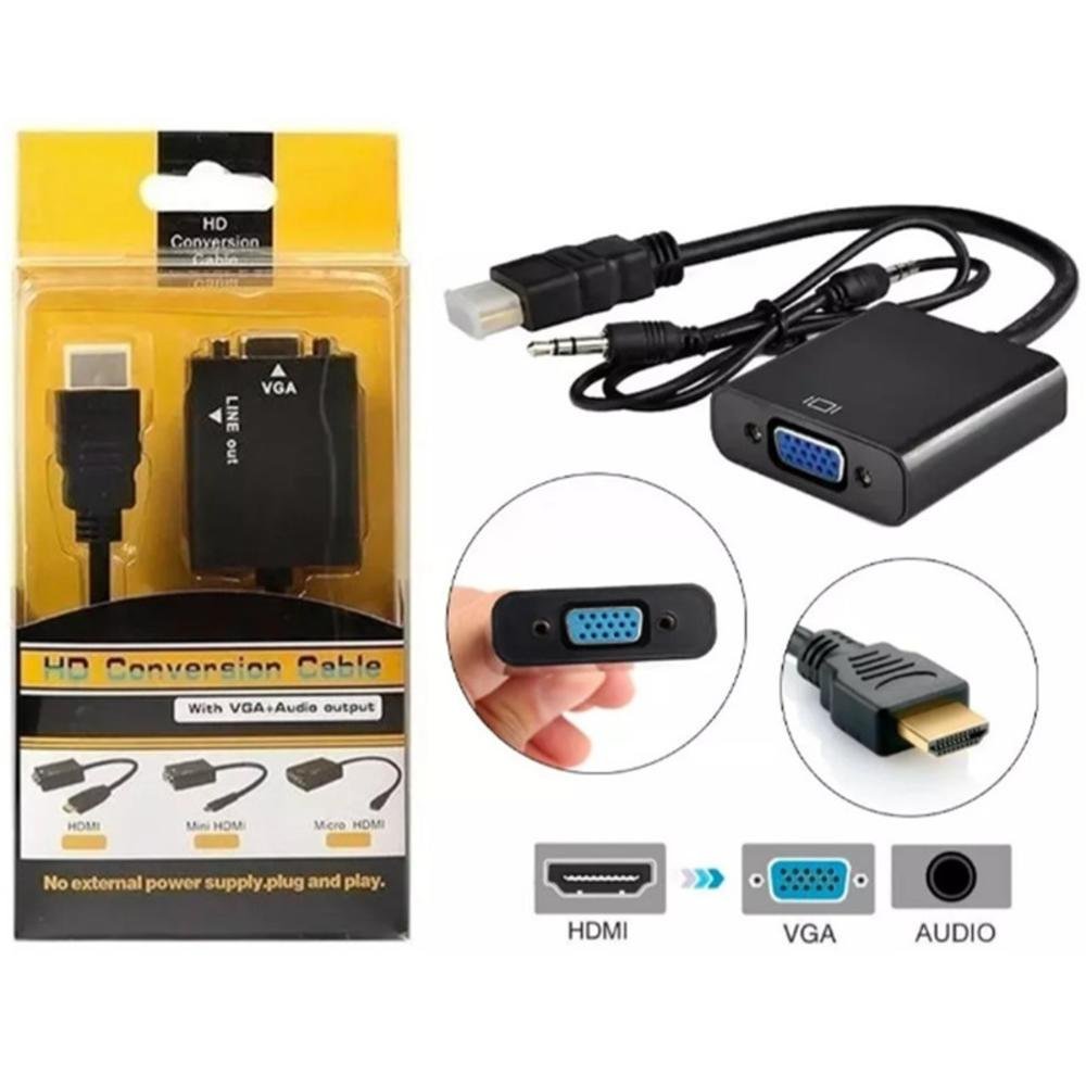 Imagem 2 de 3 do produto Cabo Conversor Adaptador De Vídeo HDMI P/ Vga Com Áudio P2