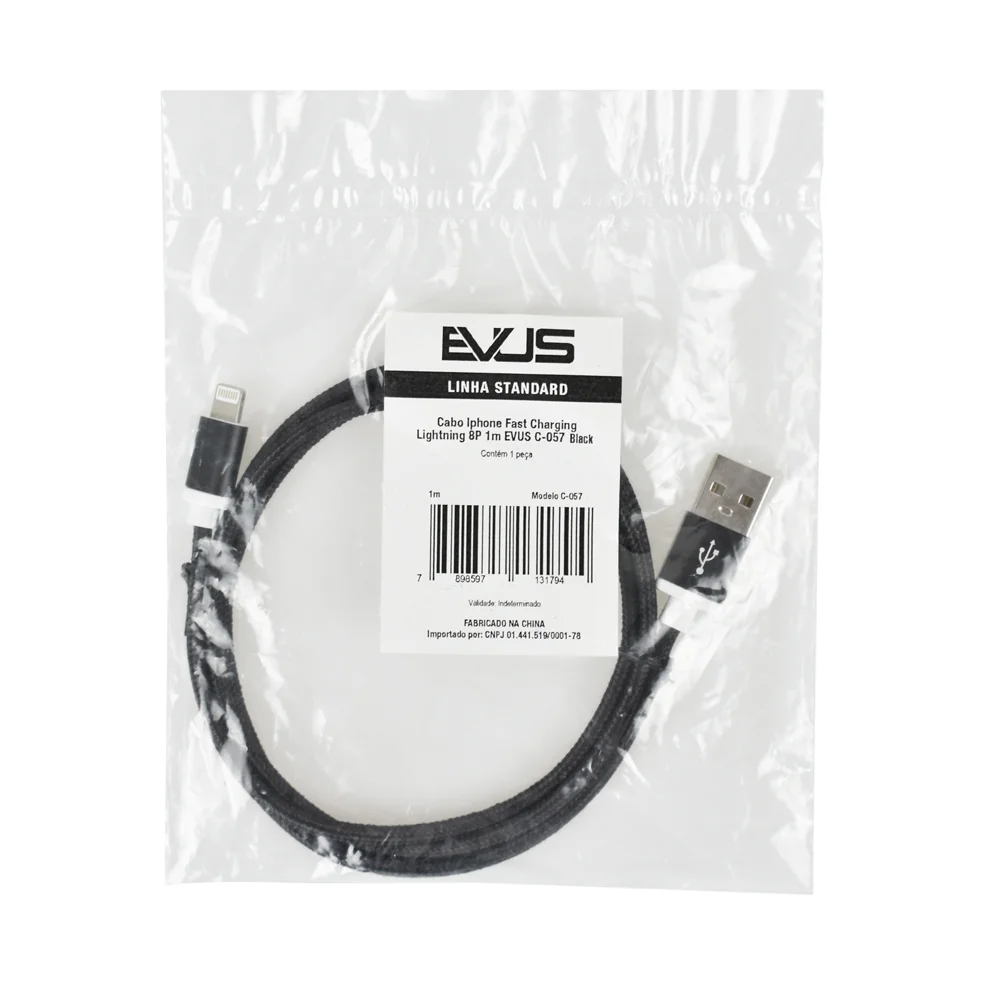 Imagem 2 de 5 do produto Cabo Usb Evus C-057 Lightning Fast Charge Preto 1,0m