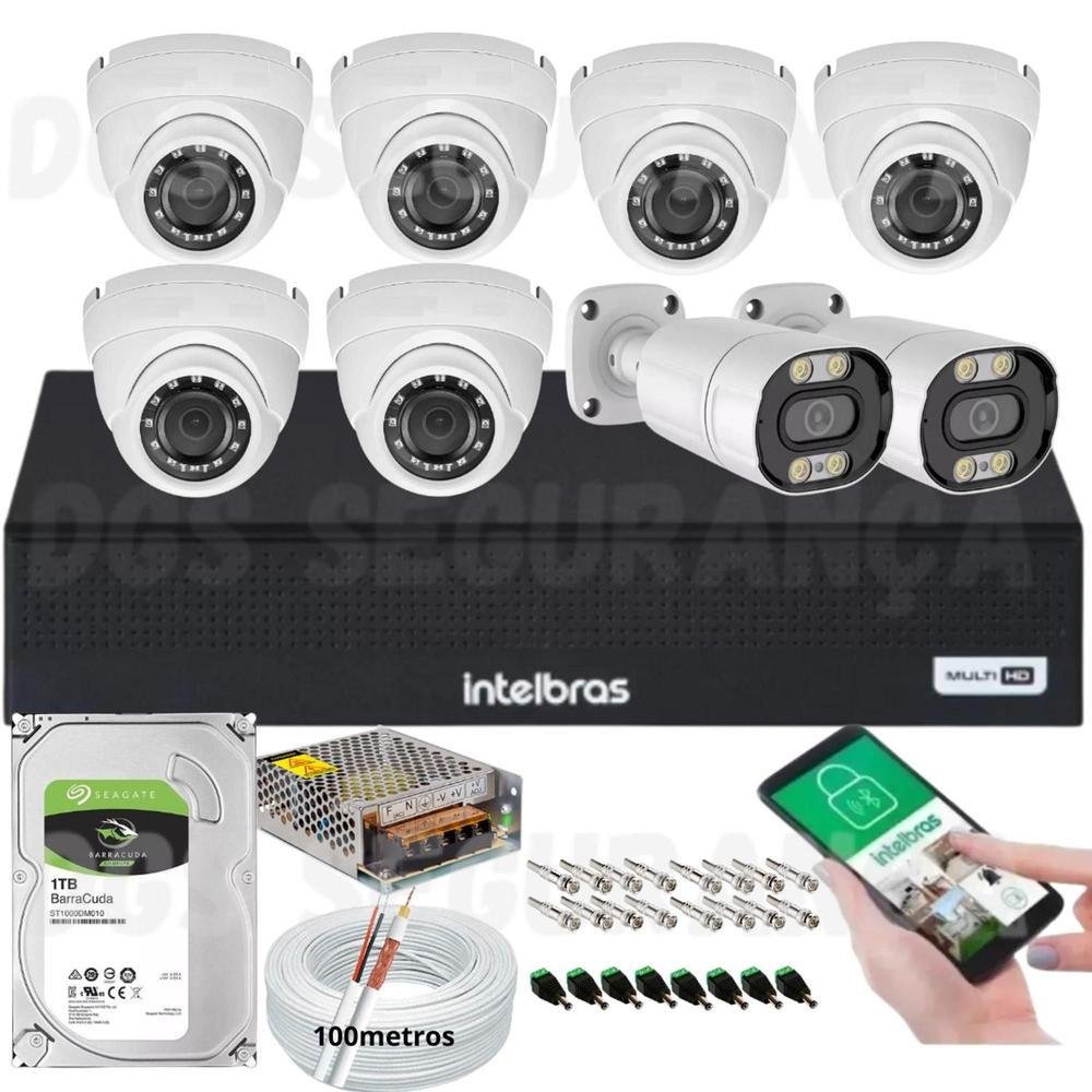 Imagem 1 de 5 do produto Kit 8 Câmeras De Segurança Full Hd 1080p 20m Infra C/2 Full Color+dvr Intelbras+cabos E Acessórios