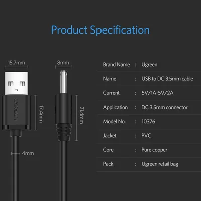 Cabo De Alimentação Usb Ugreen 3.5mm Conector Macho A 3.5 V Preto 1m