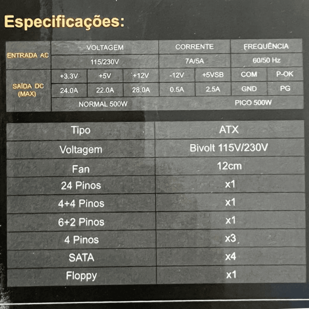 Imagem 2 de 3 do produto Fonte De Alimentacao 500w P/computador Ref: Af-500a