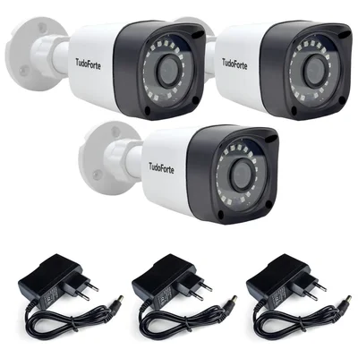 Kit 3 Câmeras De Segurança Full Hd 1080p 2mp Bullet 20 Metros Infravermelho Lente 2.8mm Tudo Forte + Fontes