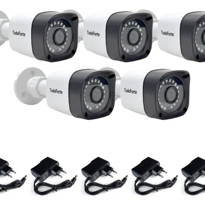 Kit 5 Câmeras De Segurança Full Hd 1080p 2mp Bullet 20 Metros Infravermelho Lente 2.8mm Tudo Forte + Fontes