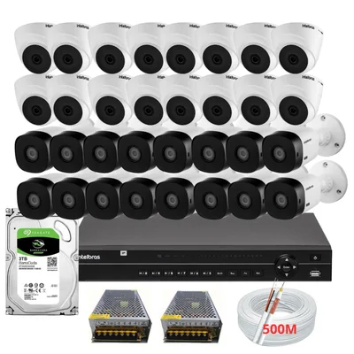 Kit Cftv 32 Câmeras Segurança Intelbras Dvr 32 Canais Mhdx 1232 Com Hd 3TB + 500m De Cabo