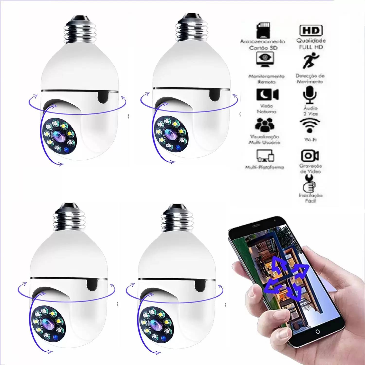 Kit 4 Câmera Lampada Inteligente Wireless Infra Ip Full Hd 2.0 Megapixels Holofote, Auto Tracking.