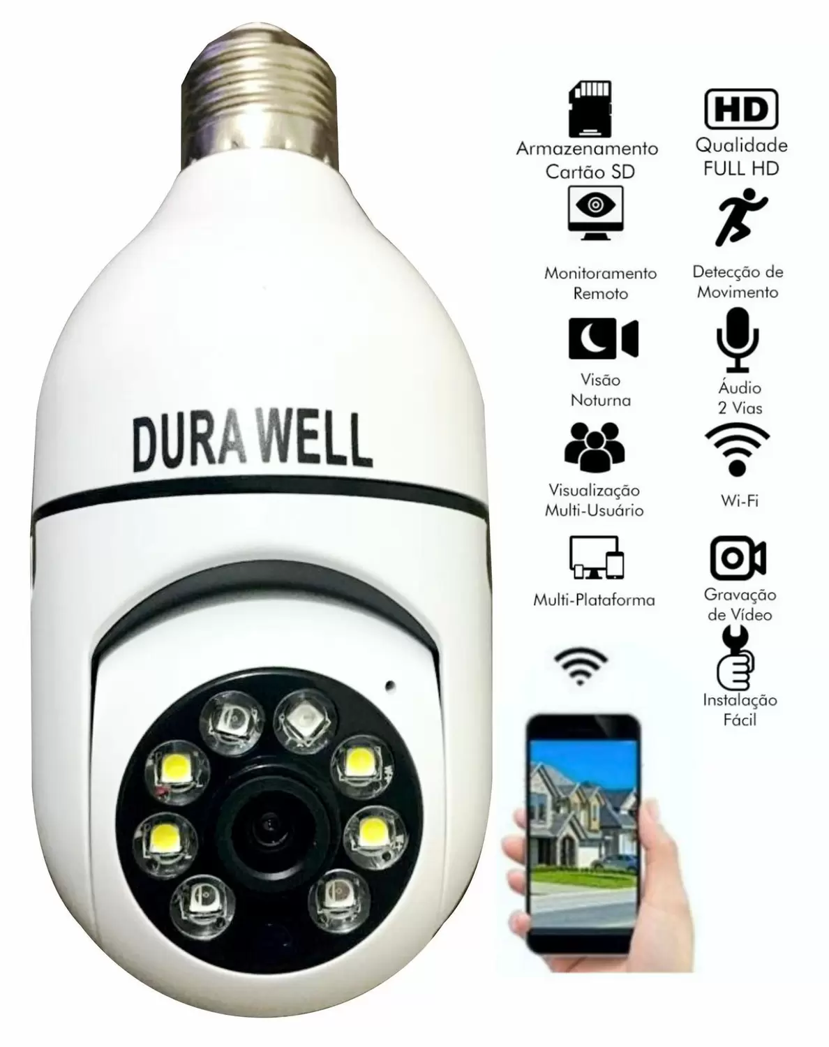 Câmera Lampada Inteligente Wireless Infra Ip Full Hd 2.0 Megapixels Onvif, Holofote, Auto Tracking.