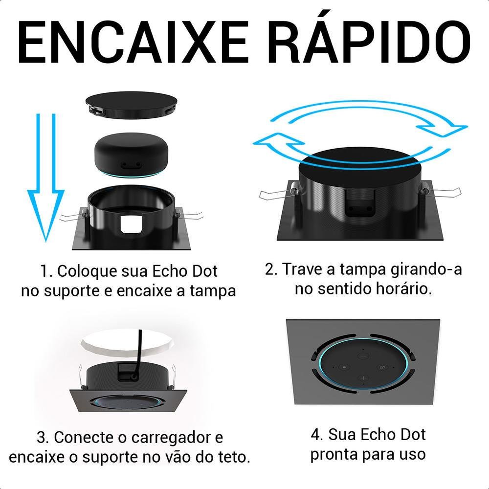 Imagem 5 de 5 do produto Suporte Quadrado De Embutir Teto Para Alexa Echo Dot 3 Cor Preto