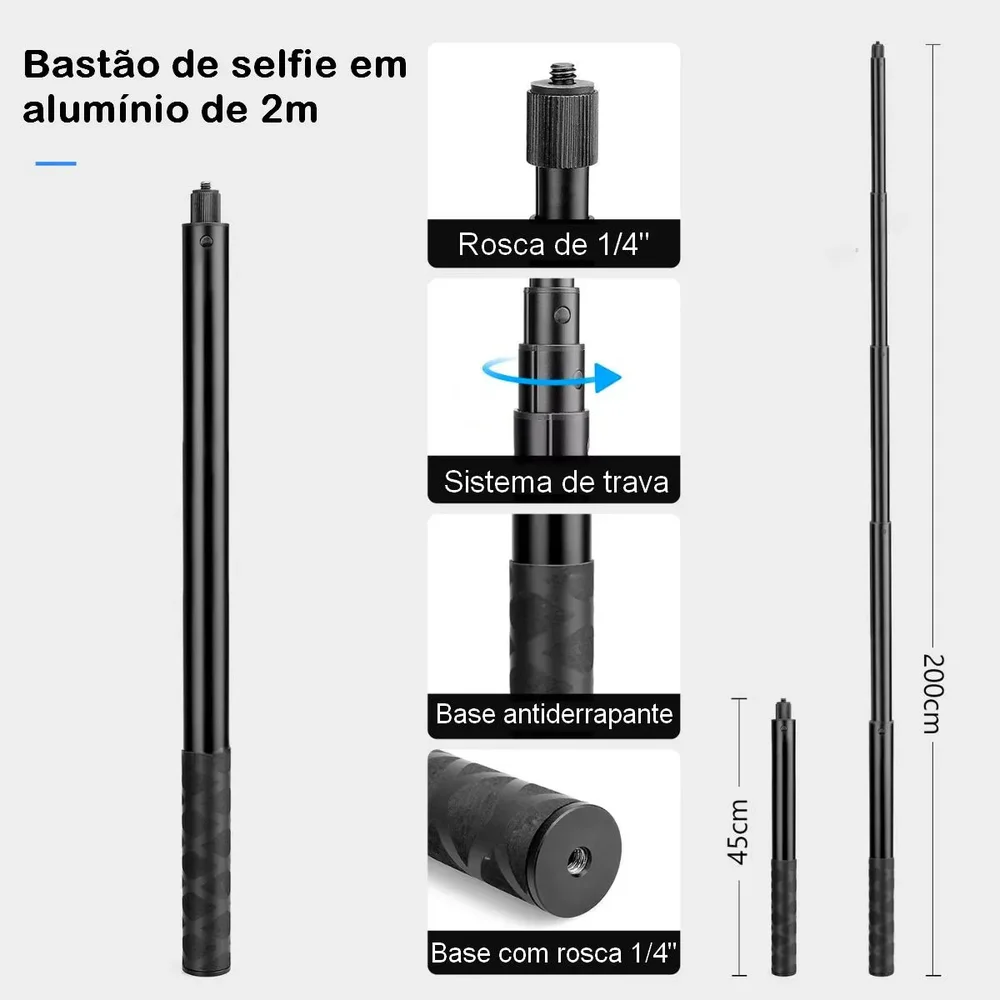Kit Ventosas + Suporte Garra + Bastão de Selfie de 2 metros