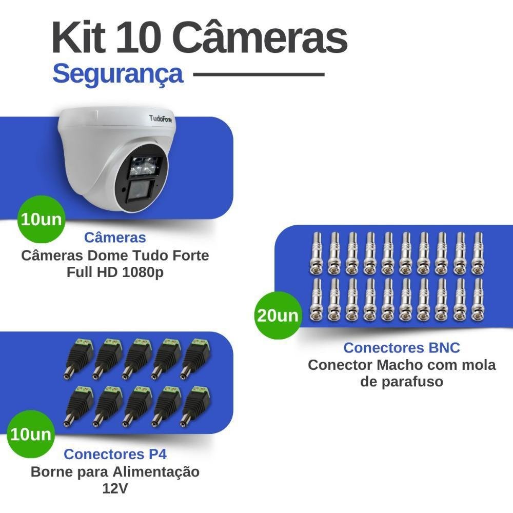 Kit 10 Câmeras De Segurança Dome Interna Full Hd 1080p Com Visão Noturna De 20 Metros E Lente 2.8mm Tudo Forte + Conectores