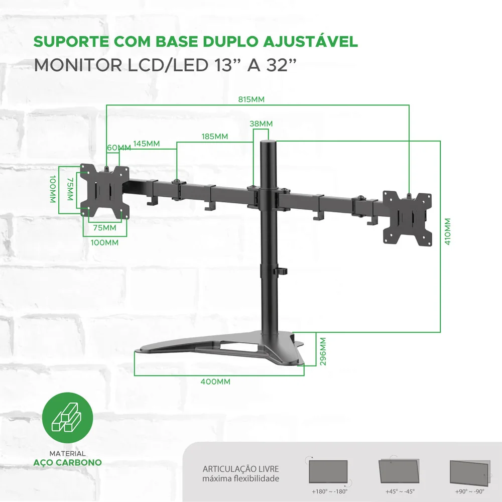 Imagem 3 de 4 do produto Suporte Mesa Duplo Ajustável P/ Tv E Monitor De 13'' A 32''
