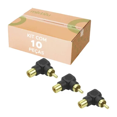 10x Plug Adaptador Rca Macho X Fêmea - (formato L) 90º Graus - Preto