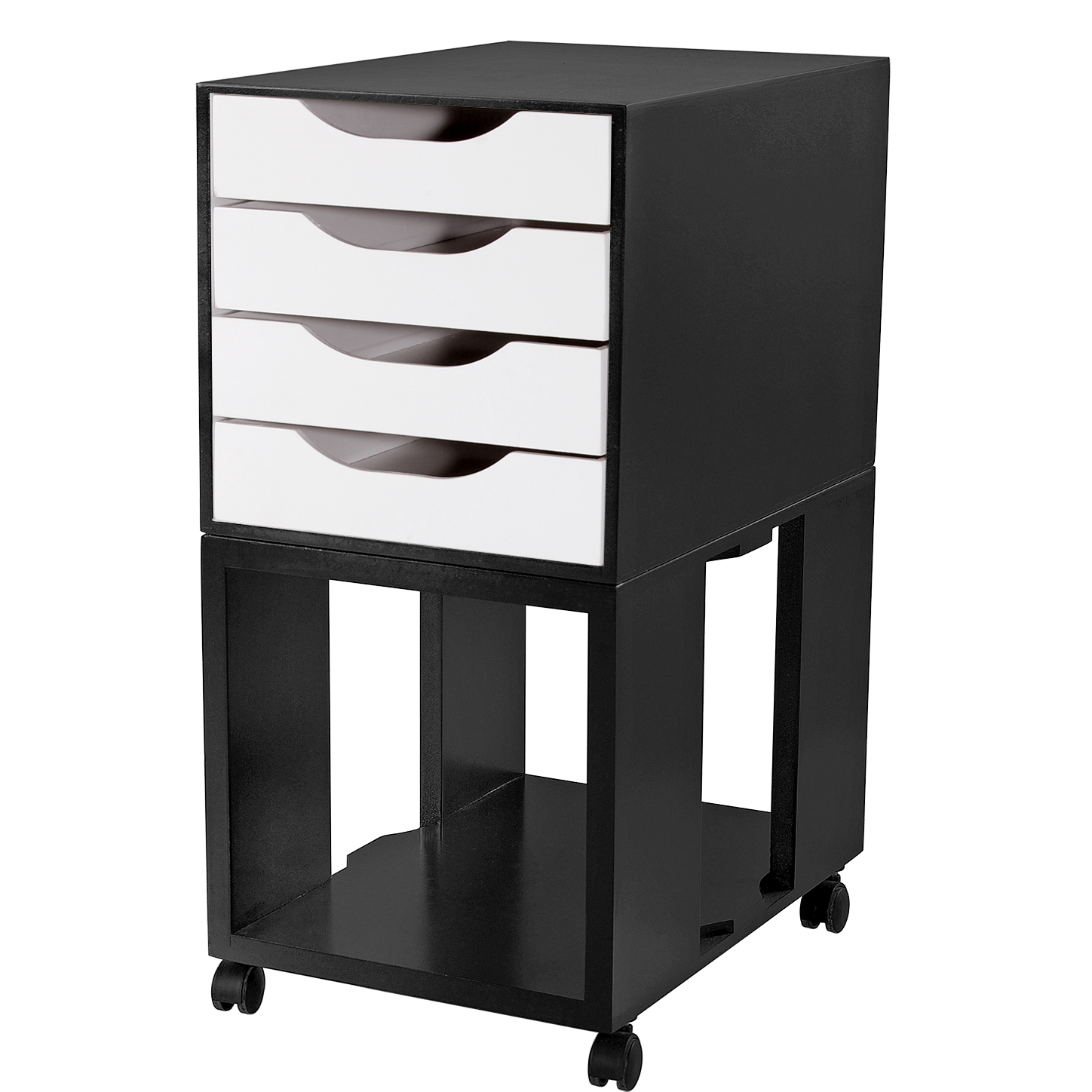 Caixa Arquivo Organizador De Escritório, Gaveteiro Easy Box Mdf, 4 Gavetas, Com Rodízios, Preto / Branco