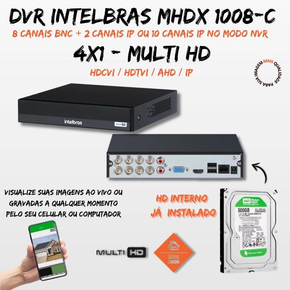 Kit Intelbras 6 Cameras 1120b Full Color Vhd ,dvr 8 Mhdx 1008 C/hd 500gb Kit Intelbras 6 Cameras 1120b Full Color Vhd ,dvr 8 Mhdx 1008 C/hd 500gb