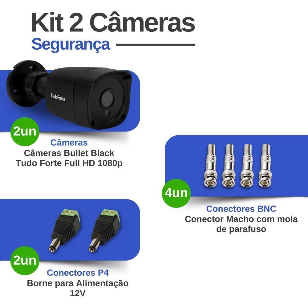 Imagem 3 de 5 do produto Kit 2 Câmeras De Segurança Tudo Forte Bullet Black, Full HD 1080p, 2MP, Visão Noturna De 20 Metros, Lente 2.8mm + Conectores