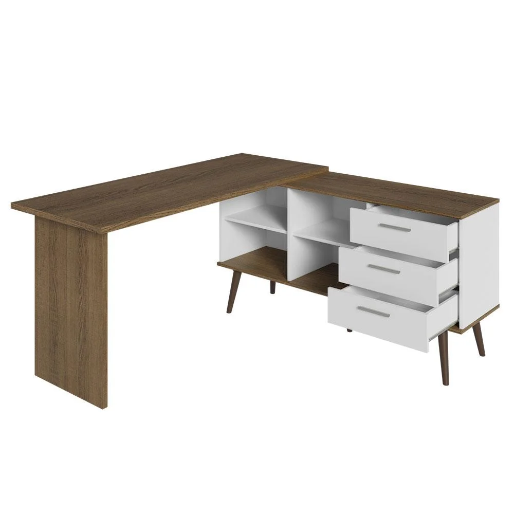 Escrivaninha Madesa Lisboa, Mesa De Escritório De Canto, 3 Gavetas, Branco/Rustic