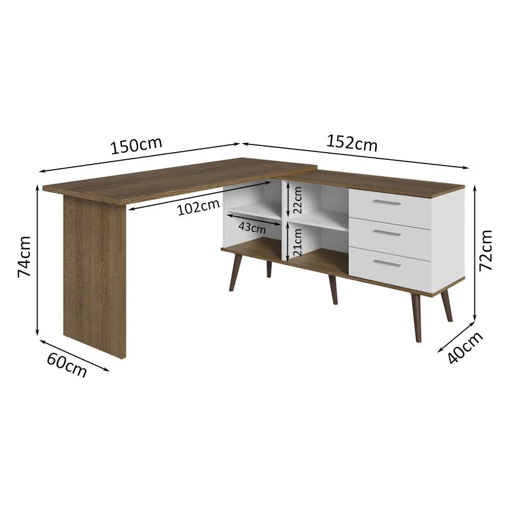 Imagem 2 de 5 do produto Escrivaninha Madesa Lisboa, Mesa De Escritório De Canto, 3 Gavetas, Branco/Rustic
