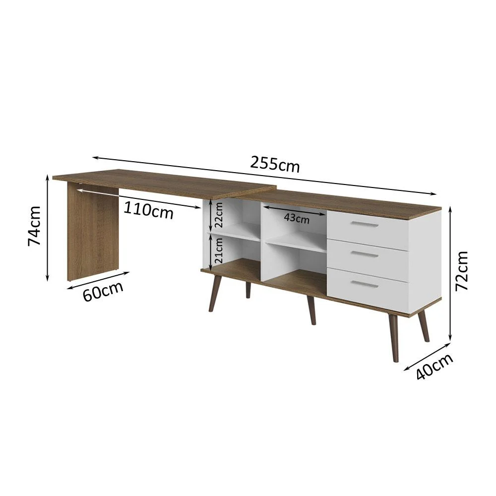 Imagem 4 de 5 do produto Escrivaninha Madesa Lisboa, Mesa De Escritório De Canto, 3 Gavetas, Branco/Rustic