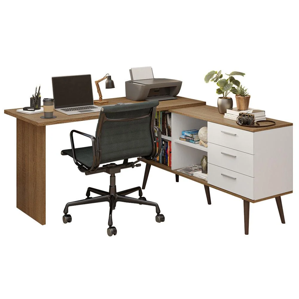 Imagem 5 de 5 do produto Escrivaninha Madesa Lisboa, Mesa De Escritório De Canto, 3 Gavetas, Branco/Rustic