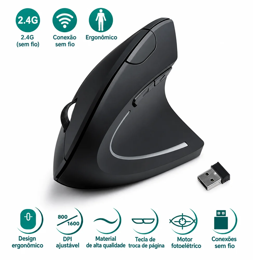 Imagem 2 de 5 do produto Mouse Óptico Vertical Mão Direita Sem Fio Bluetooth Cor Preto