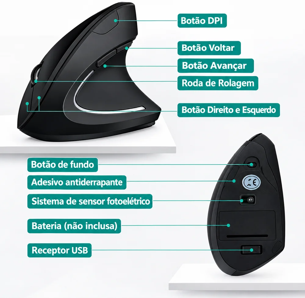 Imagem 3 de 5 do produto Mouse Óptico Vertical Mão Direita Sem Fio Bluetooth Cor Preto